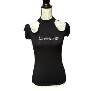 Bebe Crystal Logo Cold Shoulder Top Size Medium
